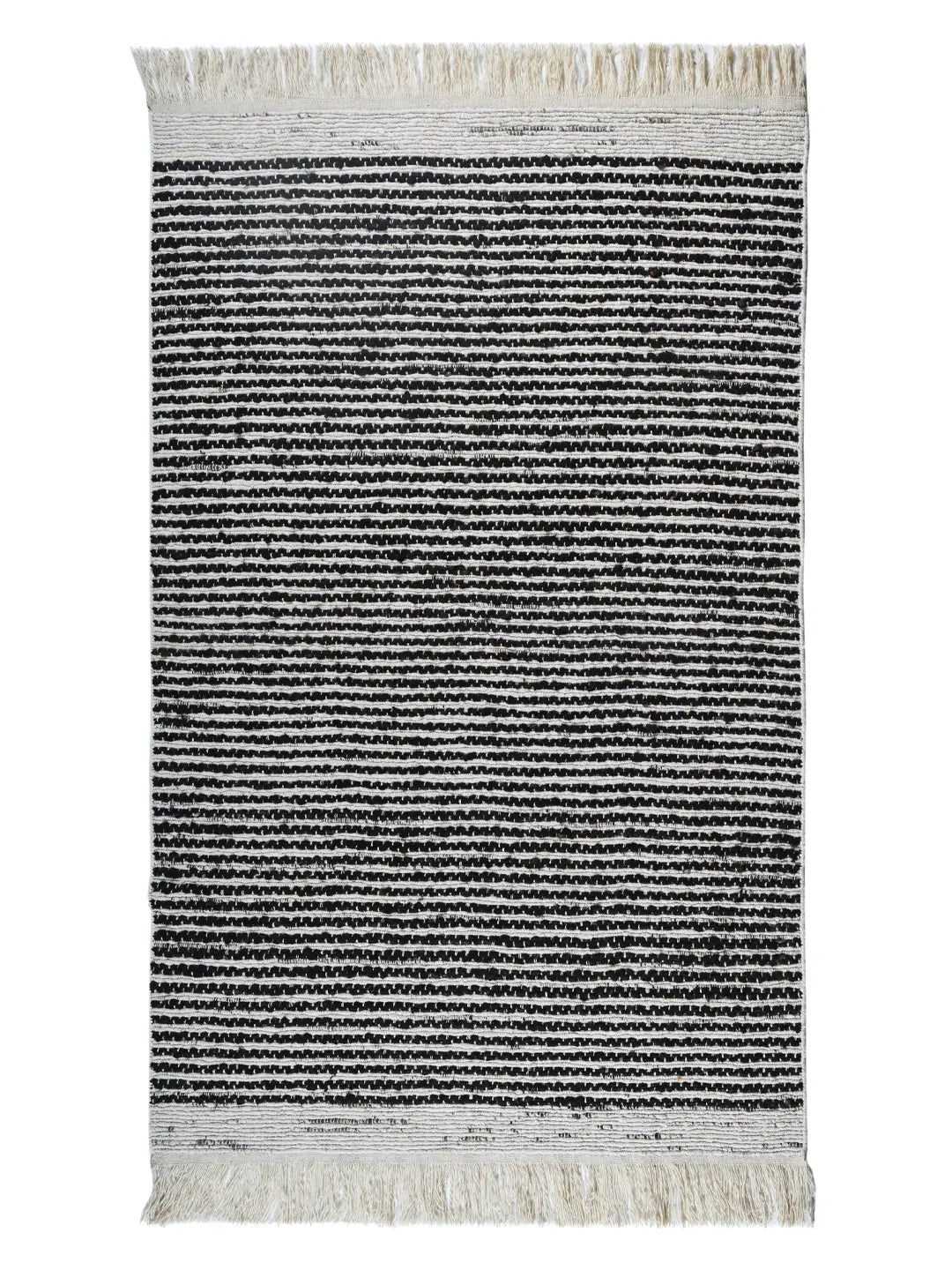 Black and white striped hand woven rug with fringes