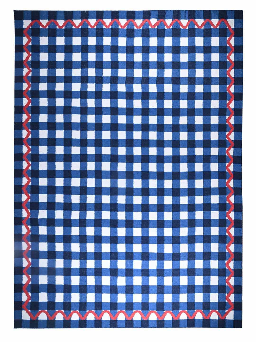 Blue and white checkered wool dhurrie rug