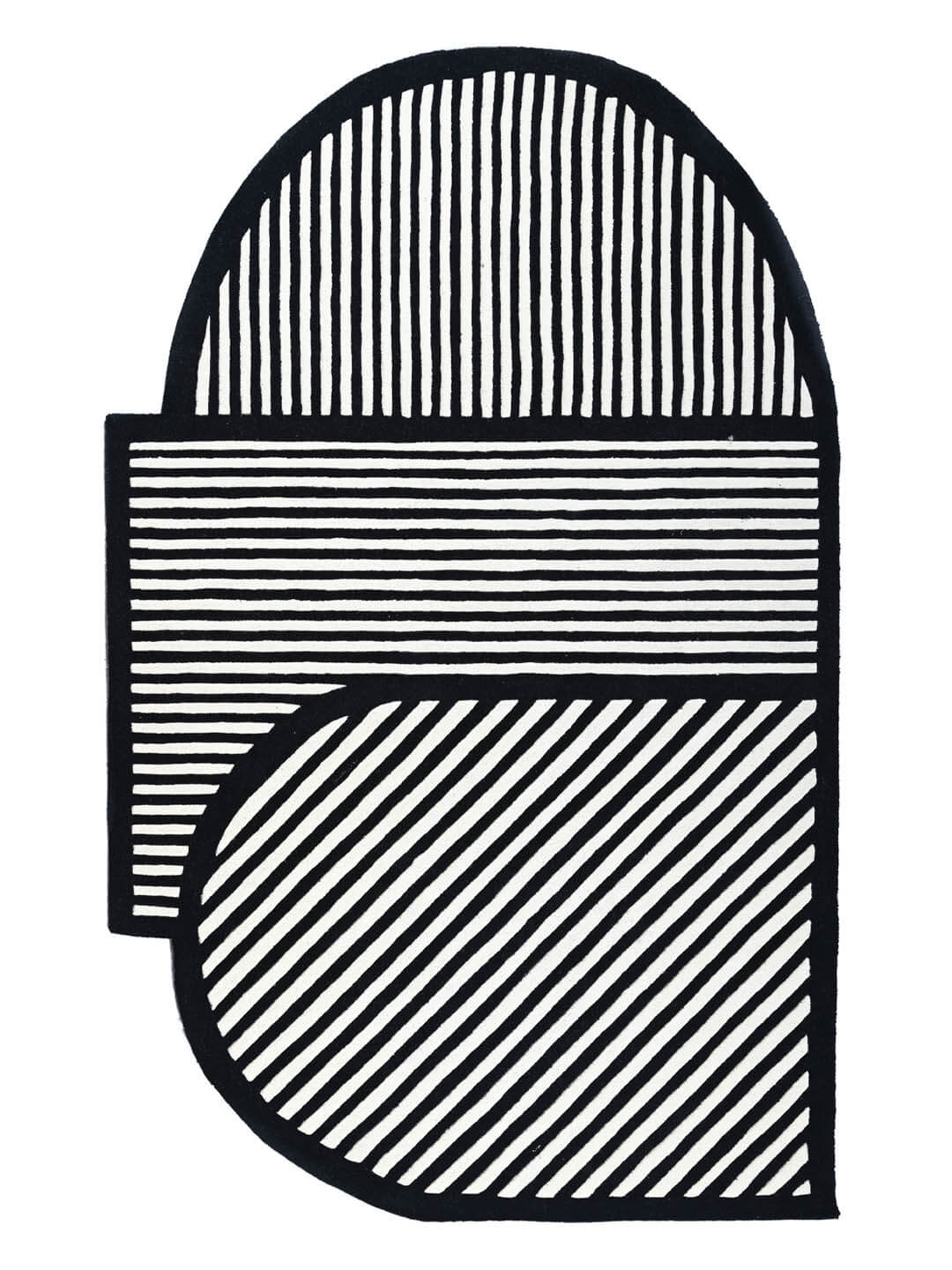 hand tufted wool rug with black and white striped pattern