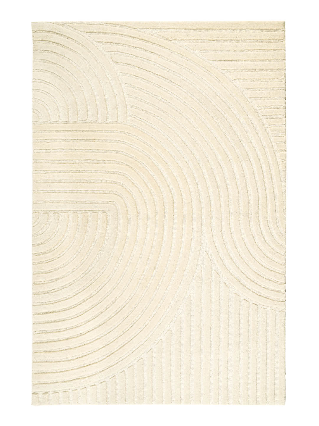 Hi-low beige tufted rug with wavy line pattern